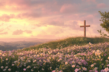 Morning Easter landscape with cross and flowers, soft sky hues highlight tranquil spring celebration