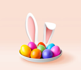 3D colorful easter eggs with bunny ears in plate. Render easter holiday egg and rabbit ear icon. Spring holiday, festive greeting card design. Easter holiday decor element. Vector illustration