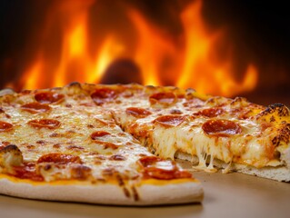 Classic pizza inside woodfired oven with burning flames golden melted cheese and crispy crust captured in rustic dark warm food photography with strong visual lighting