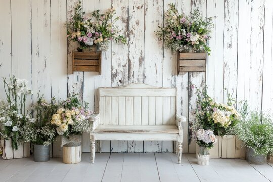 A weathered, antique white wooden backdrop that exudes a charming vintage feel.