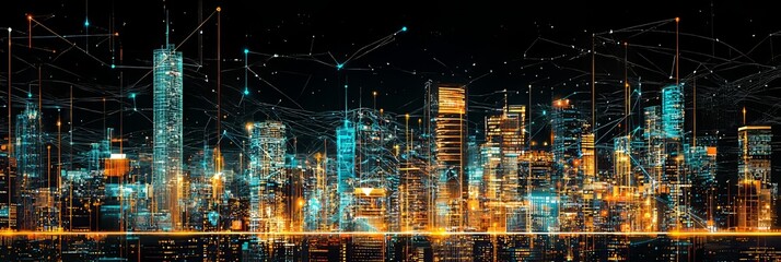 A futuristic cityscape features buildings linked by digital pathways, showcasing integration technology and a network of digital lines that connect the innovative Smart city