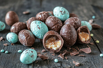 Obraz premium Pastel foil chocolate eggs, rustic surface with open treats and textures enhance joyful spring setting