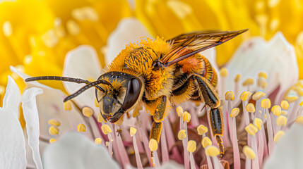 Close-up of a bee on a vibrant flower, covered in pollen, and perched on reproductive parts.