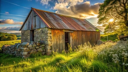 Obraz premium Rustic Wooden Barn at Sunset with Stone Wall and Wildflowers in a Verdant Meadow