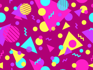 Geometric seamless pattern with memphis elements in 80s style. Colorful geometric pattern. Design of promotional products, wrapping paper and printing. Vector illustration