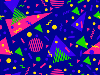Geometric seamless pattern with memphis elements in 80s style. Colorful geometric pattern. Design of promotional products, wrapping paper and printing. Vector illustration