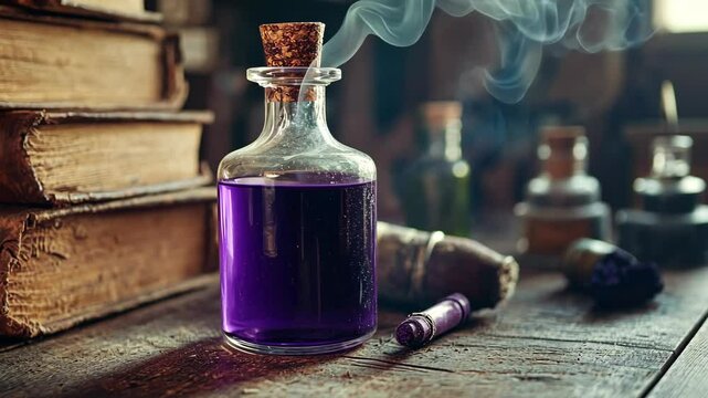 Mysterious purple potion on wooden table surrounded by ancient books and smoking incense in a dimly lit room