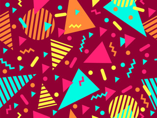 Obraz premium Geometric seamless pattern with memphis elements in 80s style. Colorful geometric pattern. Design of promotional products, wrapping paper and printing. Vector illustration