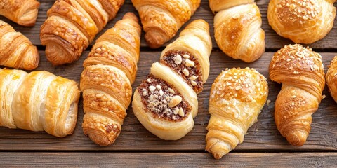 Fresh croissants arranged on white linen with flaky texture and golden brown crust captured in natural daylight macro pastry concept for gourmet food photography