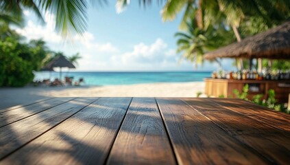 Relaxing beach scene with a wooden table in the foreground. Perfect for summer vacation promotions!