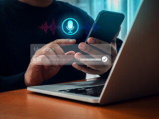 AI chatbot conversation and voice searching automation, voice recognition technology concept....