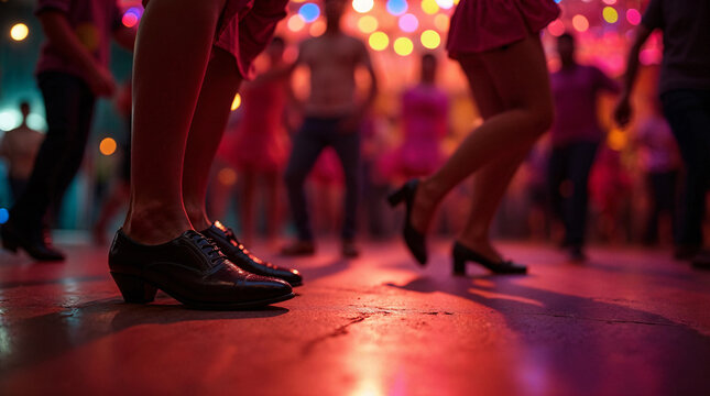 Baile de salsa en Cali Colombia con enfoque en zapatos de bailarines durante una fiesta nocturna