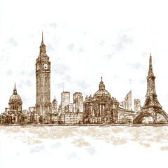Obraz premium Sepia toned sketch of a cityscape featuring iconic towers and buildings against a textured sky. The style evokes a vintage travel poster or illustration.