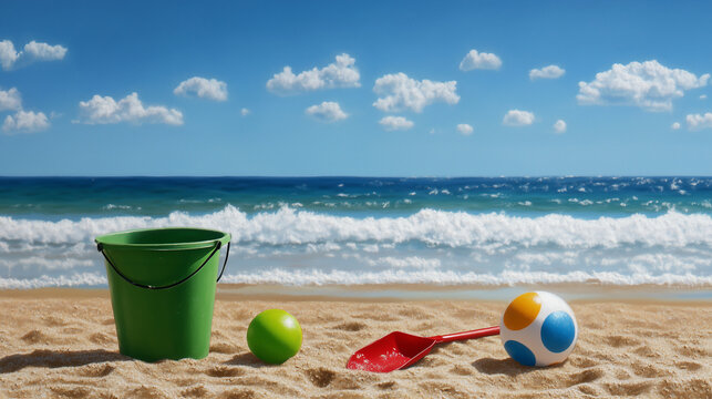 Playful summer scene with a green bucket and red shovel beside brightly colored beach balls, golden sand stretching to the foamy, sunlit sea