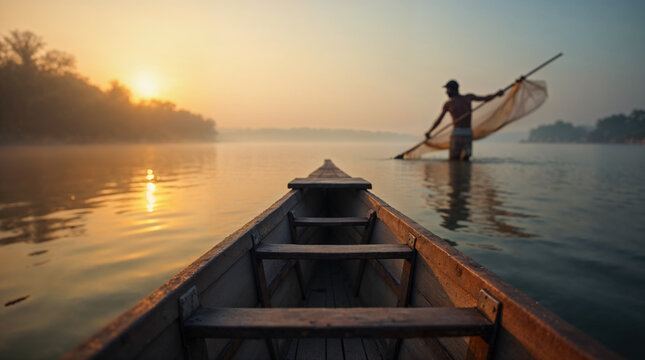 Pescador colombiano al amanecer en el r&iacute;o Magdalena desde una canoa de madera