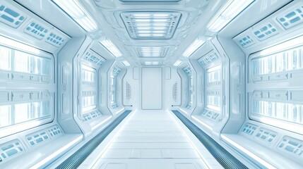 Fototapeta premium The interior of a spaceship or space station is depicted as a white corridor within a large starship, showcasing a futuristic spacecraft's light hallway from a unique perspective, symbolizing