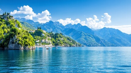 Serene coastal landscape with lush green vegetation, clear blue water, and distant mountains under a bright sunny sky. Boats are visible on the calm sea.