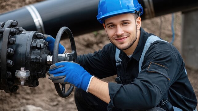 Worker poses with a large pipe in the oil and gas sector, showcasing safety gear and skills in an active construction site.