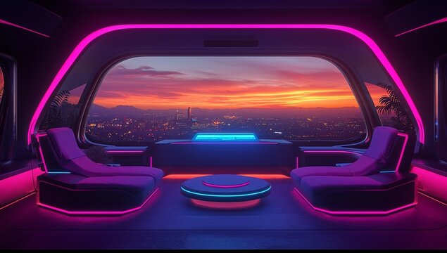 Futuristic furniture fills the expansive living room, which itself has been designed in a futuristic manner