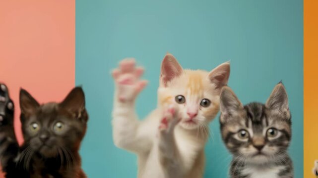 Adorable Kittens Waving Paws on Colorful Backgrounds Stock Video. Cute Cats Welcome You Motion Footage. Felines Say Hello Clip. Playful Pets Waving With Happy Mood.