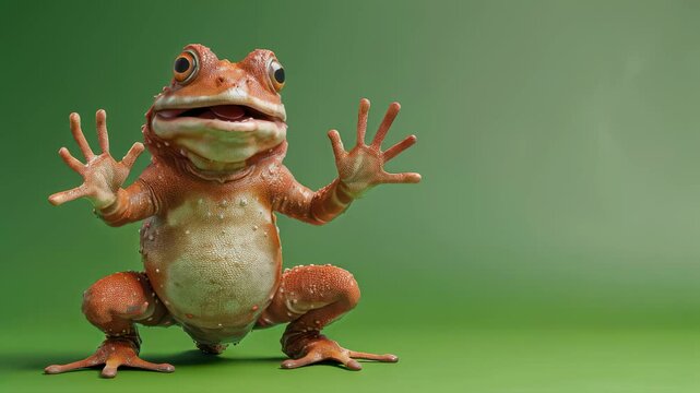 Funny orange frog waving on green screen background. 3d rendering of amphibian creature in motion. Comical stock video clip for children's content and humor.