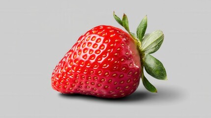 Single ripe strawberry with green leaves on a gray background. Shiny, juicy texture.