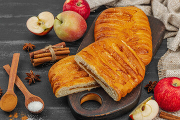 Autumn apple pie. Homemade baking, sweet dessert, ripe fruits and cinnamon. Comfort food concept