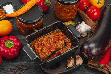 Vegetable caviar, traditional vegan stewed dish, saute. Ripe veggies, fragrant spices, preserve food