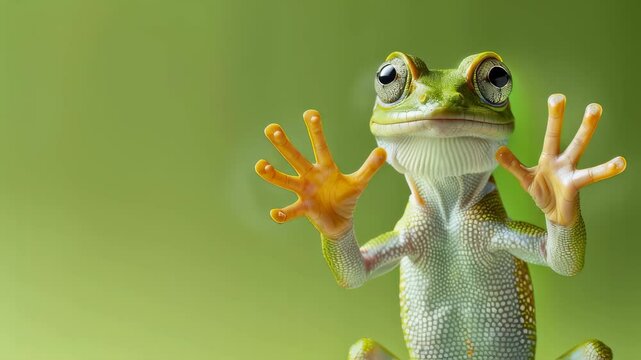 Smiling green tree frog waving its hand video footage. Funny amphibian communicating, sticking to glass surface. Wildlife close-up against green background.