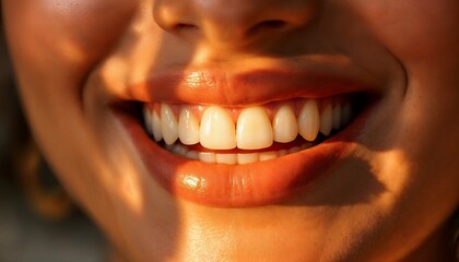 Woman Smiling with Healthy Teeth and Soft Lighting in Close Up