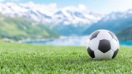 Close up view of a soccer ball resting on a lush green grass field, with a serene mountain lake and snow capped mountains in the background under a bright, sunny sky.