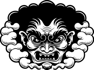 Obraz premium Ghosts and spirit shadows in a mystical svg vector. Dramatic Black and White Illustration of Angry Mask with Clouds