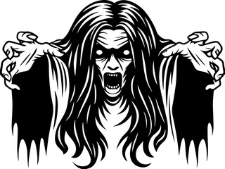 Ghosts and spirit shadows in a mystical svg vector. Scary Ghost Figure with Long Hair and Outstretched Hands