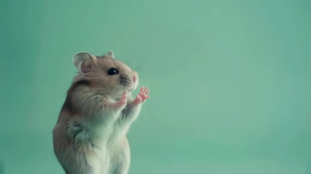 Cute hamster standing on two legs footage. Funny rodent raising paws asking for food motion picture. Adorable animal acting like human in blue studio background video clip.
