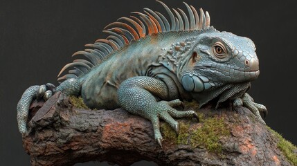 Fototapeta premium Turquoise iguana on branch, natural habitat, studio shot