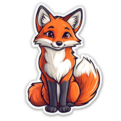 Obraz premium Cute sitting red fox cartoon sticker on white background, woodland animal nursery art and autumn forest themed kids education graphic