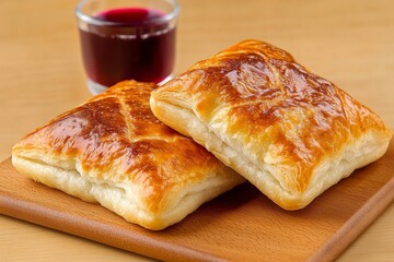 Golden pastries with sweet filling on wooden board with shiny surface and deep baked crust in warm tone for bakery and gourmet pastry photography