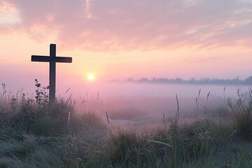 Wooden cross in meadow at dawn with mist and soft sunrise hues, serene Easter morning with peaceful atmosphere and spiritual significance