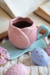 Easter 2025 table decoration for the holiday with flowers and accessories.