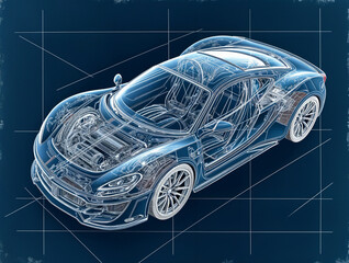Naklejka premium four-view (front, top, side, isometric) engineering drawing of a supercar, drawn with white outlines on dark blue grid paper. The interior shows numerous complex internal parts, including cables, elec