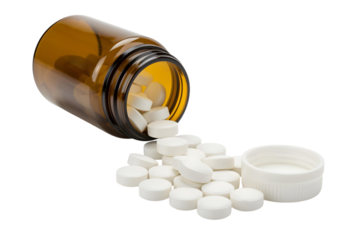 brown bottle of white pills isolated on transparent background