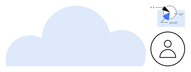 Graphic of a cloud, user icon, and pie-chart analytics visual. Ideal for cloud computing, data analysis, user management, technology, digital infrastructure, IT services flat simple metaphor