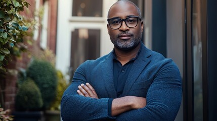 Fototapeta premium A man of distinction, clad in a suit and glasses, exudes confidence as he stands before a building, epitomizing the strategic vision of a forward-thinking entrepreneur
