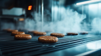 Plant-based burger patties enter a flash-freezing tunnel on the production line, vapor clouds swirling around, representing eco-friendly food manufacturing technology