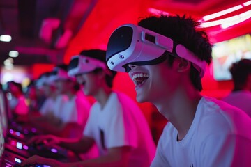 Photo of gamers completely absorbed in virtual reality games while wearing VR headsets at a neon-lit gaming event that is highly immersive