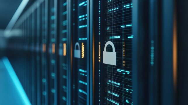 A modern data center with blue lighting, featuring secure servers and padlocks, emphasizing cybersecurity and data protection.