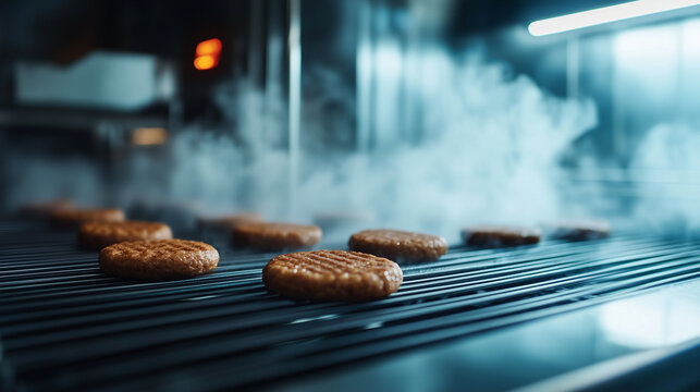 Fototapeta Plant-based burger patties enter a flash-freezing tunnel on the production line, vapor clouds swirling around, representing eco-friendly food manufacturing technology