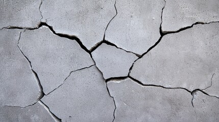 Fototapeta premium A close-up view of cracked concrete, showcasing a network of fissures and irregular patterns on a gray surface, reflecting wear and age.