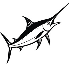 Vector illustration of fish in the ocean with a marlin, tuna, and shark in a blue and white aquatic setting