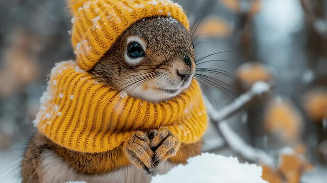 Cute squirrel in winter hat and scarf footage. Adorable animal wearing knitted clothing during snowy weather stock video clip for christmas holidays. Charming rodent motion picture.
